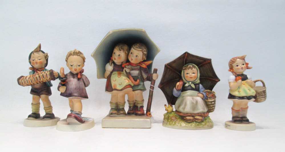 Appraisal: FIVE HUMMEL PORCELAIN FIGURINES marks from to TM- to TM-