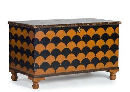 Appraisal: EARLY COUNTRY ORANGE AND BLACK PAINT-DECORATED SIX-BOARD BLANKET BOX WITH