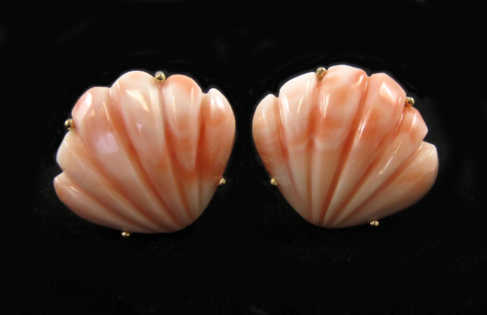 Appraisal: PAIR OF PINK CORAL EARRINGS each k yellow gold set