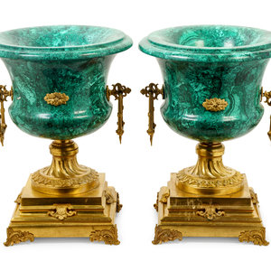 Appraisal: A Pair of Empire Style Gilt Bronze Mounted Malachite Veneered