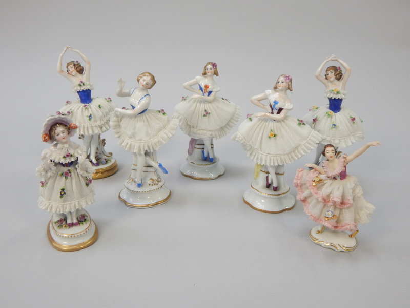 Appraisal: Seven thC Dresden type crinoline ladies each in the form