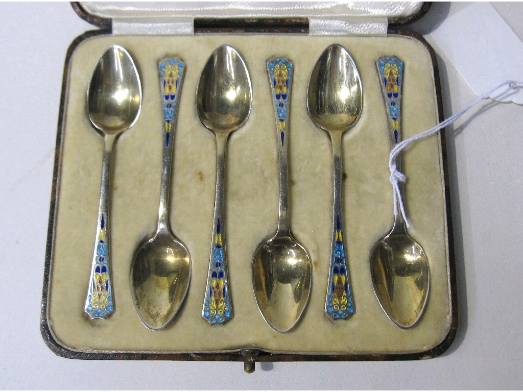 Appraisal: Cased set of six silver and enamel coffee spoons Birmingham