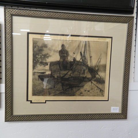 Appraisal: Wilt Shelton etching Waiting for the Tide boat captain on