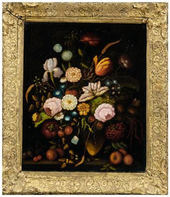 Appraisal: th century still life painting flowers including zinnias damask roses