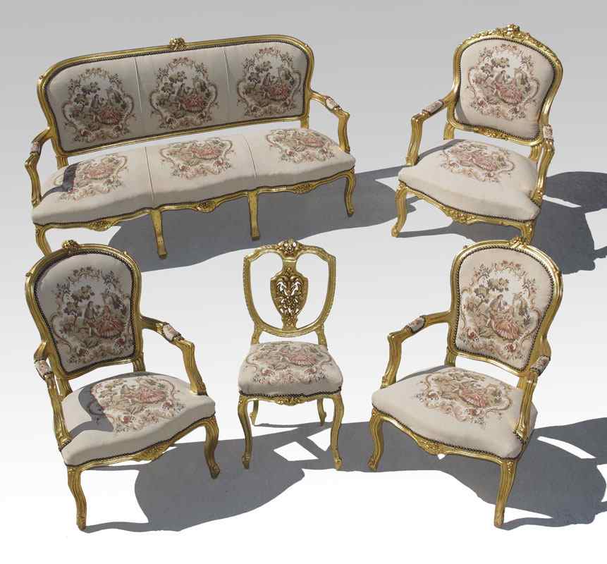 Appraisal: PC FRENCH CARVED GOLD GILT PARLOR SET Beautiful upholstery To