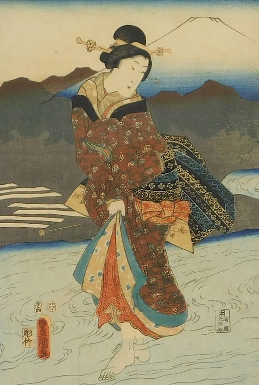 Appraisal: Utagawa Kunisada Woodblock of a Geisha in a River Utagawa