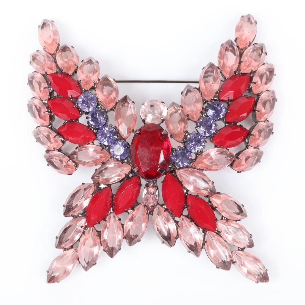 Appraisal: GIANT VINTAGE UNSIGNED JEWELED BUTTERFLY PIN BROOCH WITH PINK AND