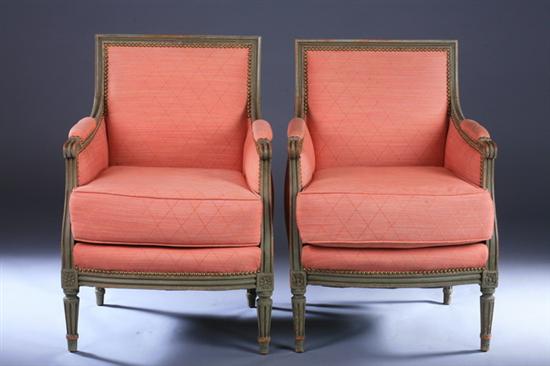 Appraisal: PAIR LOUIS XVI STYLE PAINTED BERGERES th century with nailed