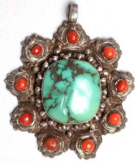 Appraisal: Tibetan Silver Turquoise Coral Pendant Having a large central turquoise