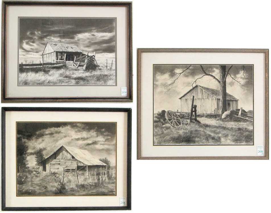 Appraisal: EVELYN RAGLAND THREE CHARCOAL DRAWINGS California th century Derelict barns