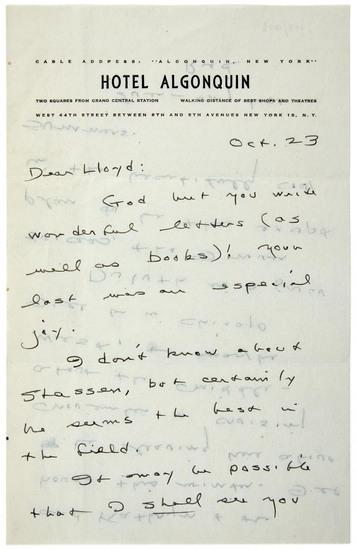 Appraisal: LEWIS Sinclair Autograph letter signed Red to writer Lloyd Lewis