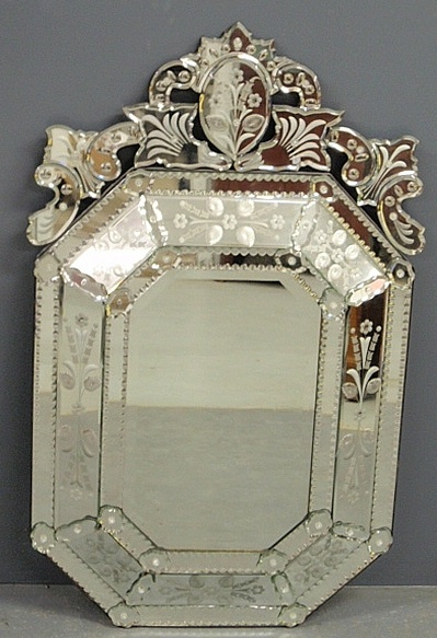 Appraisal: - Venetian style mirror with etched and multi-paneled glass surround