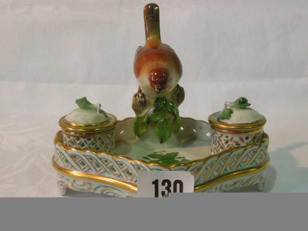 Appraisal: A Herend inkstand with applied figure of a wren flanked