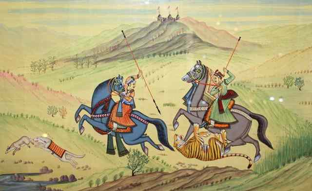 Appraisal: INDIAN SCHOOLTwo mounted horsemen hunting a tiger watercolour and gouache