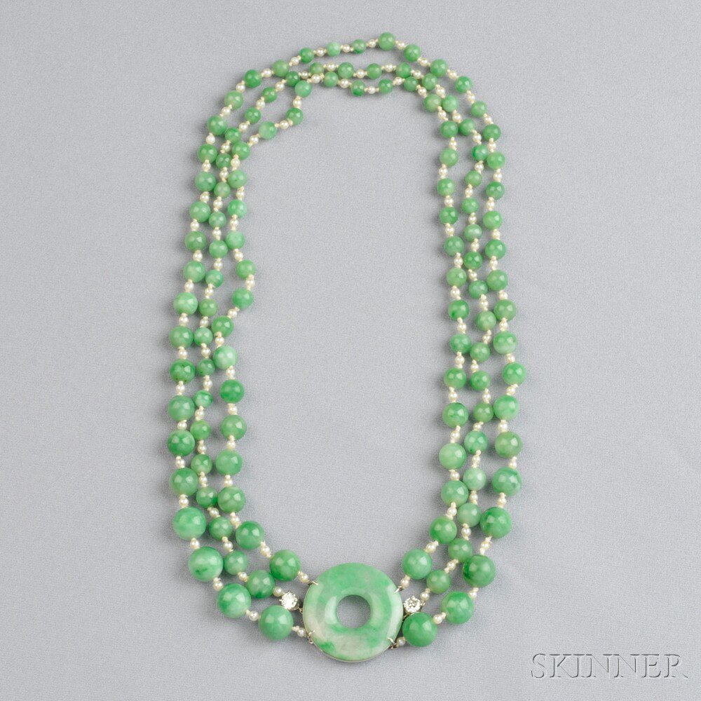 Appraisal: Jade Seed Pearl and Diamond Necklace composed of a triple