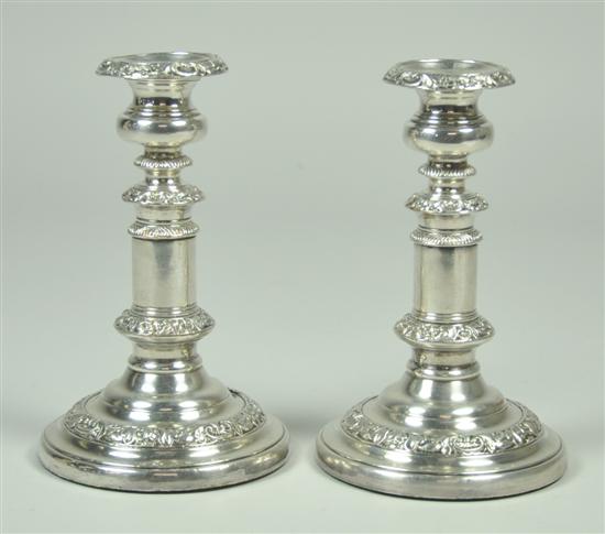 Appraisal: Pair of Silverplate Telescopic Candlesticks Weighted bases Foliate bands Removable