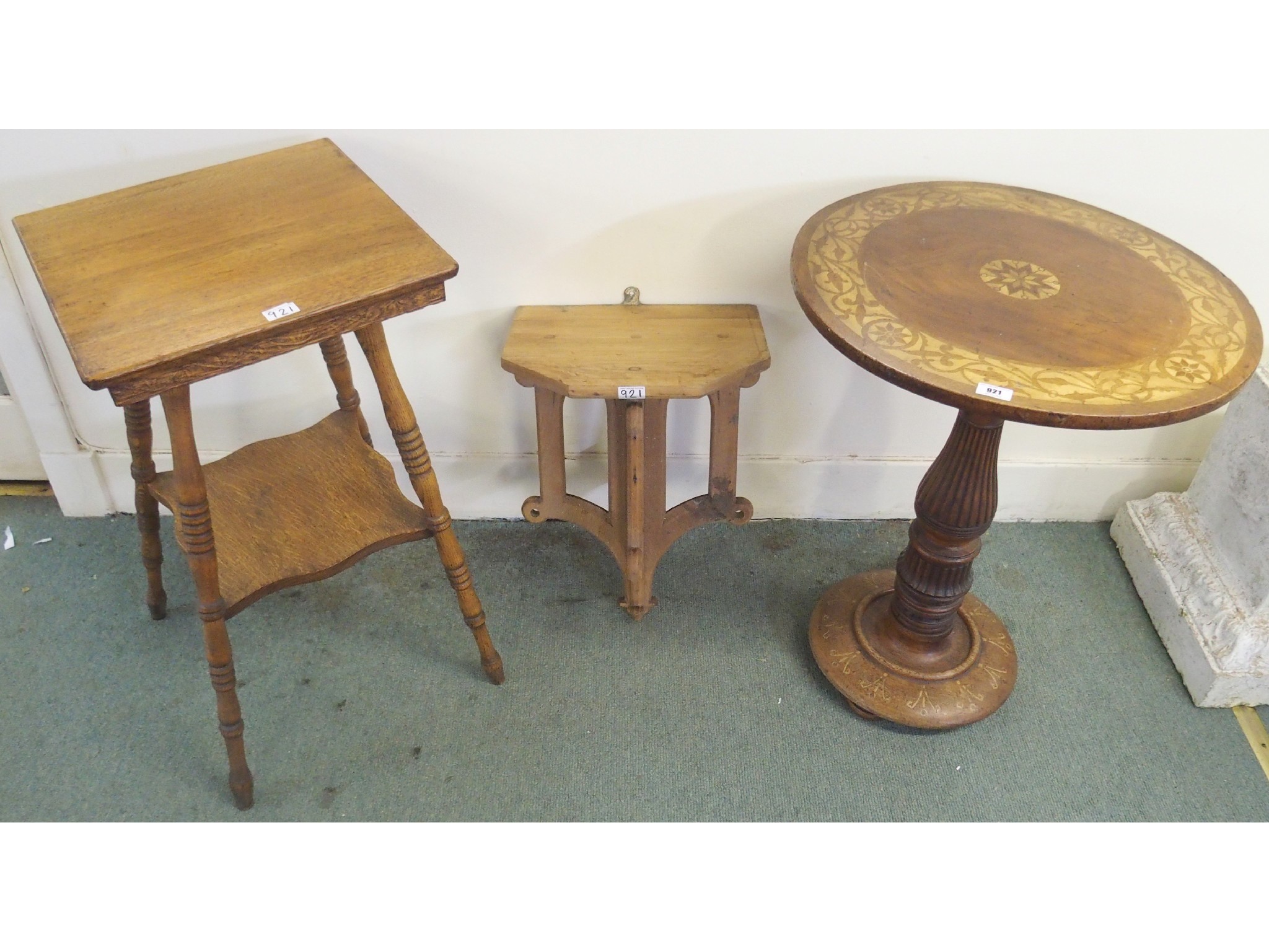 Appraisal: A Victorian round inlaid occasional table a square oak occasional