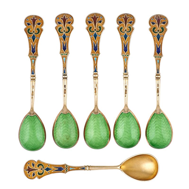 Appraisal: ARTEL ENAMELED SILVER GILT COFFEE SPOONS Set of six Russian