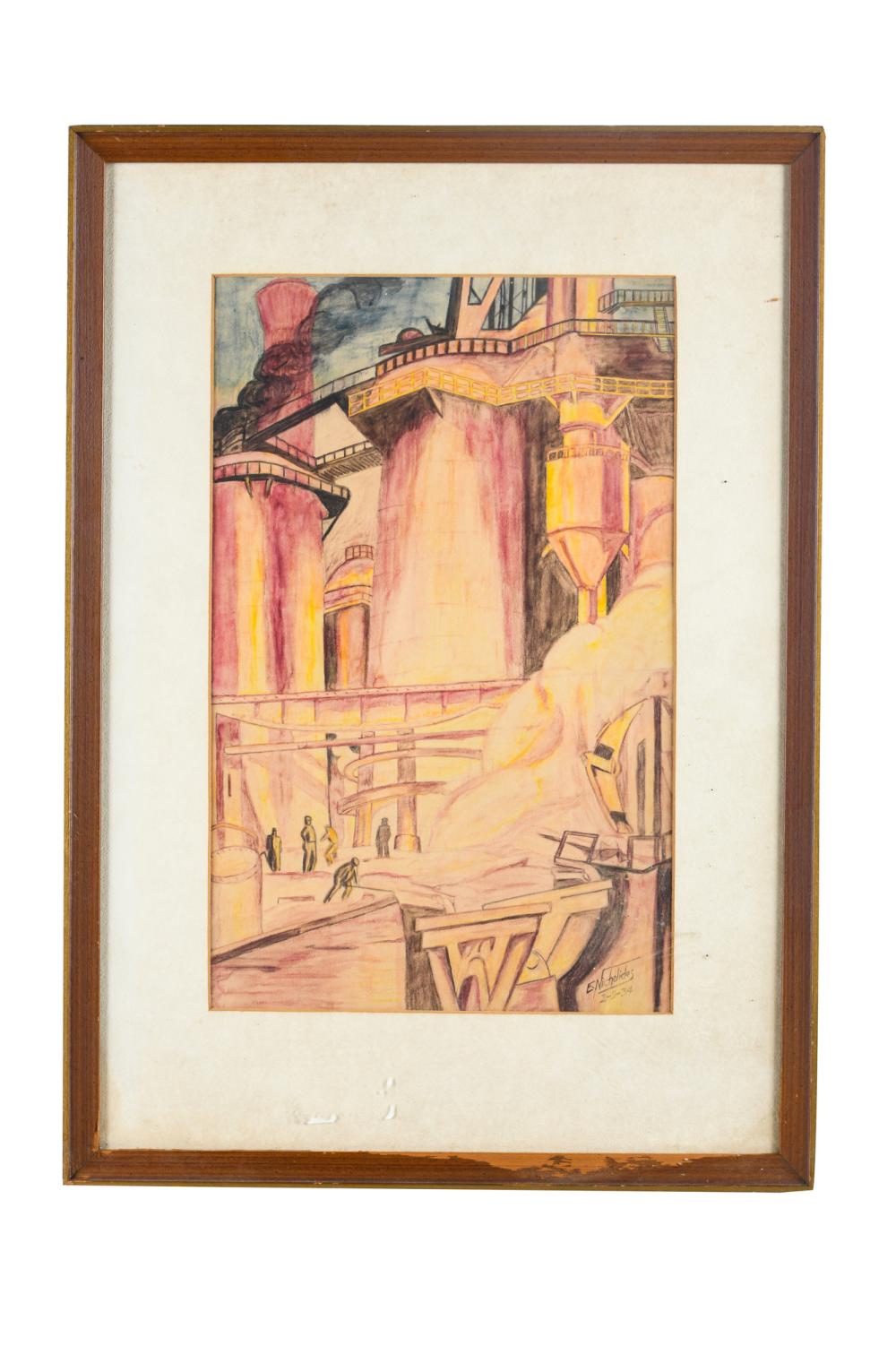 Appraisal: ART DECO INDUSTRIAL LANDSCAPE PAINTINGcirca pastel on paper signed and