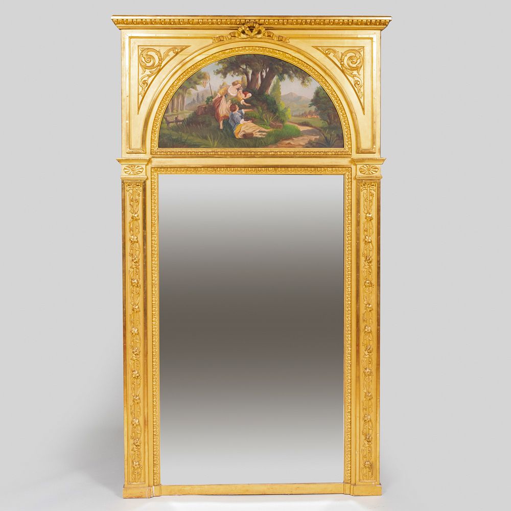 Appraisal: Louis XVI Style Painted and Giltwood Trumeau Mirror The painting