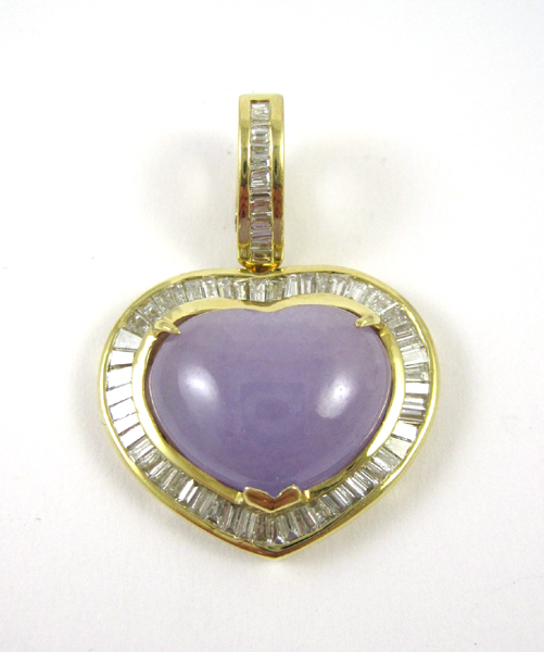 Appraisal: LAVENDER JADE AND DIAMOND PENDANT k yellow gold with tapered