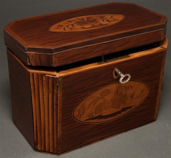 Appraisal: George III inlaid rosewood tea caddy circa floral inlay on