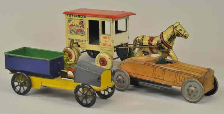 Appraisal: TWO VEHICLES AND HORSE DRAWN TOY Lithographed tin grouping includes