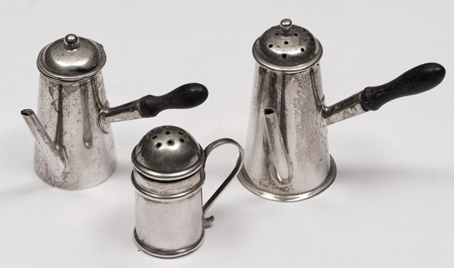 Appraisal: A PAIR OF MINIATURE SILVER CHOCOLATE POTS of tapering cylindrical