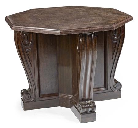 Appraisal: CONTINENTAL MAHOGANY AND SIMULATED PORPHYRY CENTRE TABLE the octagonal top