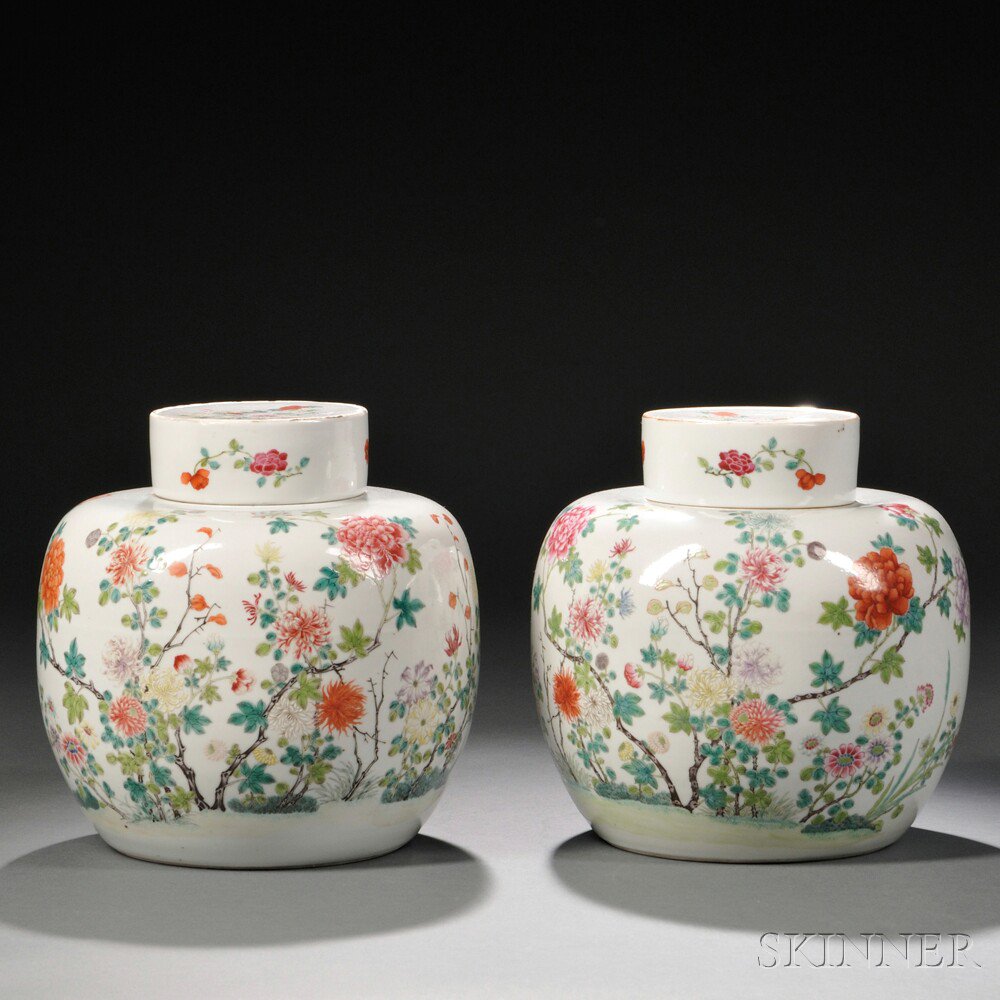 Appraisal: Pair of Famille Rose Covered Ginger Jars China th century