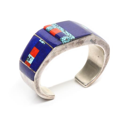 Appraisal: Sale Lot A Zuni Silver Lapis Turquoise and Coral Bracelet