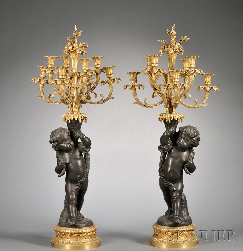 Appraisal: Pair of Large Louis XV Style Parcel-gilt and Patinated Bronze