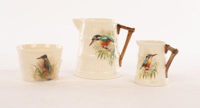 Appraisal: Two Royal Worcester ribbed jugs and a souffl dish painted