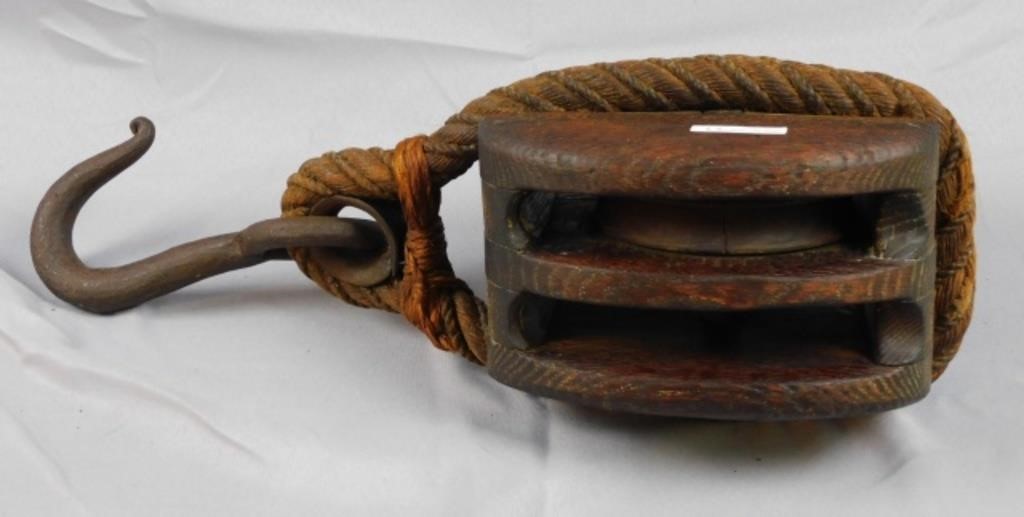 Appraisal: BLOCK AND TACKLE OAK IRON AND ROPE PROBABLYmid- th c