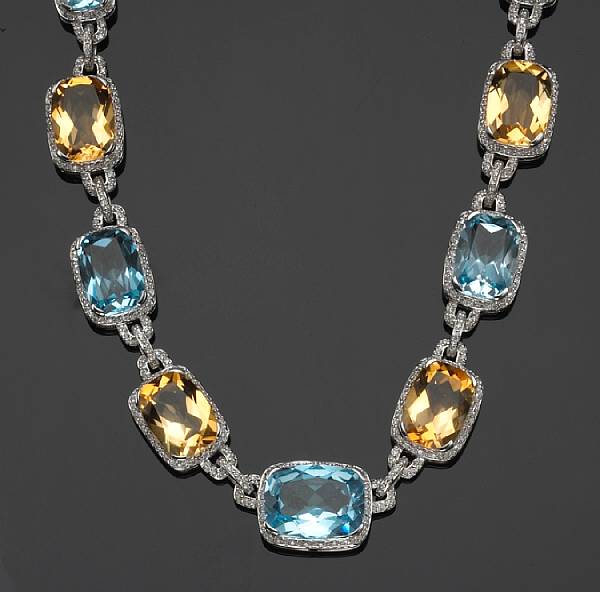 Appraisal: A blue topaz citrine diamond and k white gold necklace