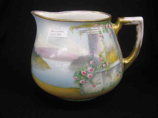 Appraisal: Pickard Handpainted Porcelain Cider Pitcher garden scene with lake mountains