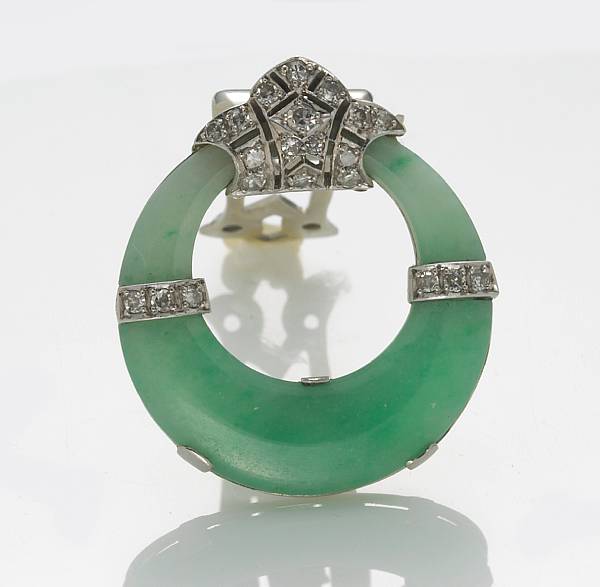 Appraisal: A jadeite jade diamond platinum and k white gold brooch