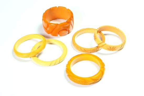 Appraisal: SIX BAKELITE BANGLE BRACELETS American Ca - All are either