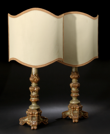 Appraisal: Tall Pair of Italian Carved Green-Painted and Parcel-Gilt Tripodal Pricket