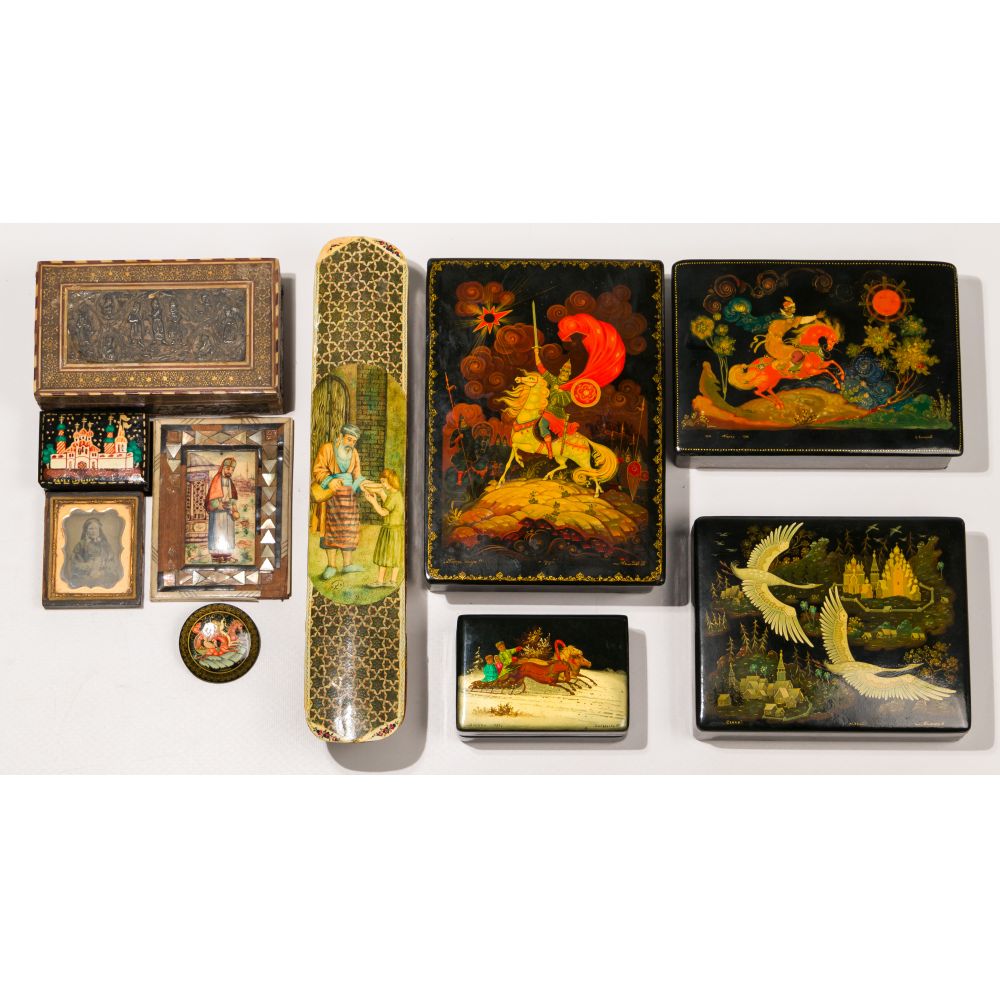 Appraisal: RUSSIAN LACQUER BOX ASSORTMENT items including hinged boxes loose lidded