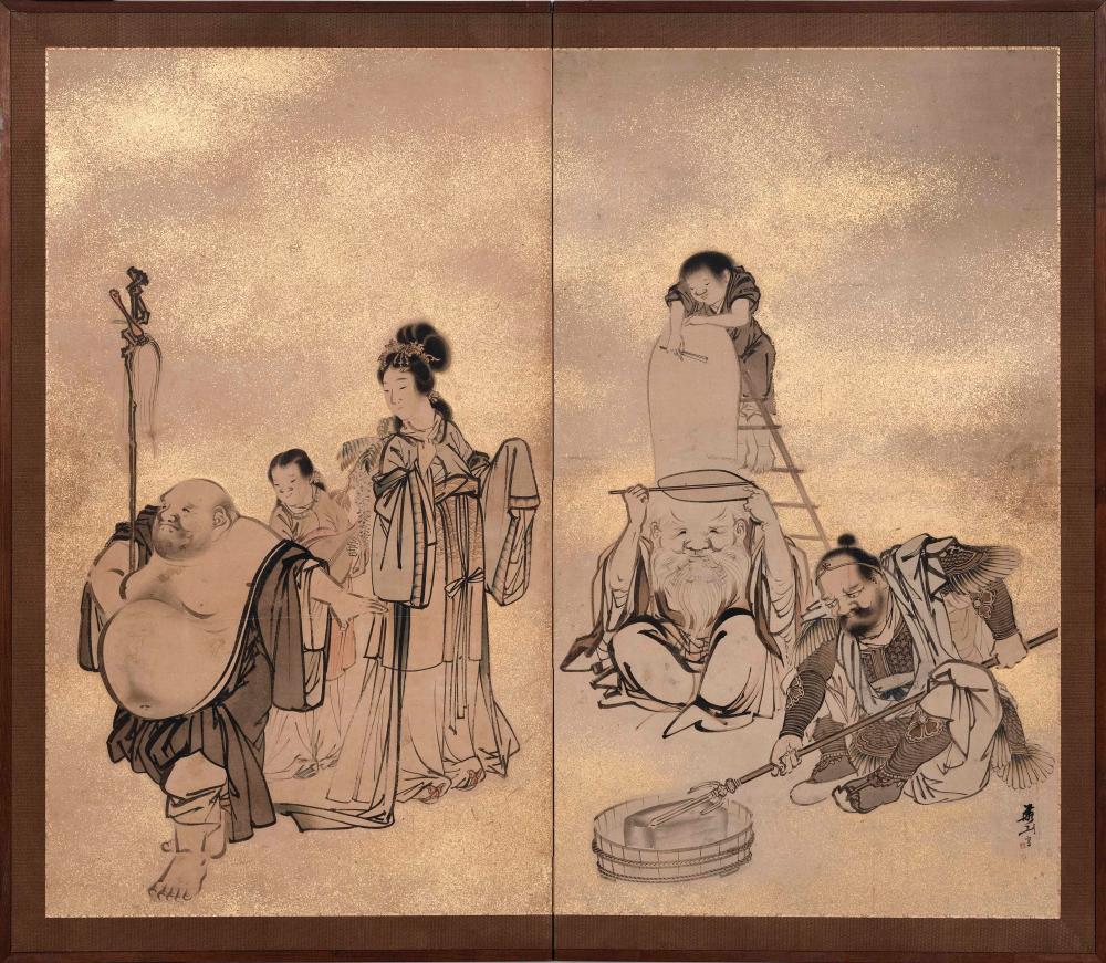 Appraisal: JAPANESE SUMI-PAINTED TWO-PANEL SCREEN EDO PERIOD CIRCA HEIGHT LENGTH JAPANESE