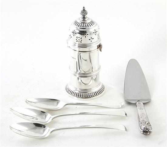 Appraisal: Georgian sterling spoons and Edwardian sugar shaker George II spoon