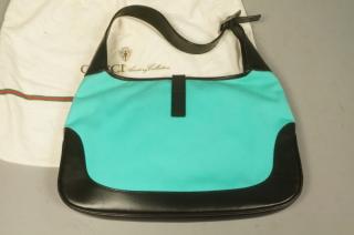 Appraisal: GUCCI Italy Turquoise Cotton Handbag Black Leathe GUCCI Italy Turquoise