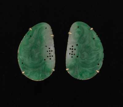 Appraisal: A Pair of Carved Green Jadeite Earrings k yellow gold