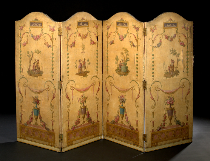 Appraisal: Four-Fold Polychromed Canvas Screen late th century in the Adam