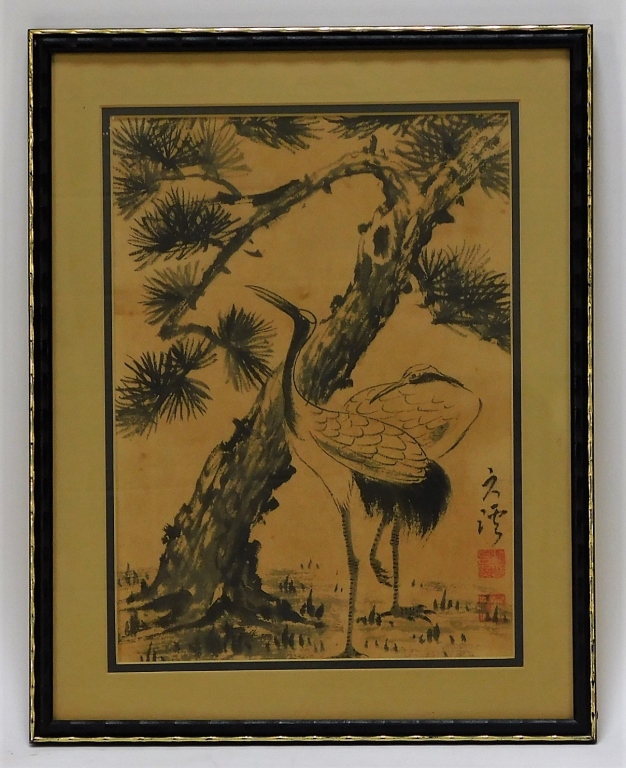 Appraisal: JAPANESE MEIJI PERIOD INK DRAWING OF TWO CRANES Japan Meiji