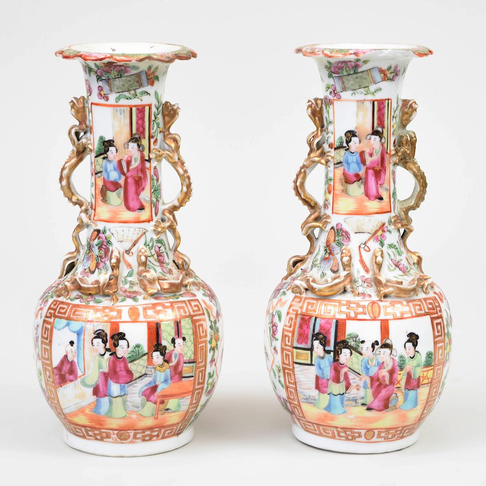 Appraisal: Pair of Chinese Rose Medallion Porcelain Bottle Vases in high