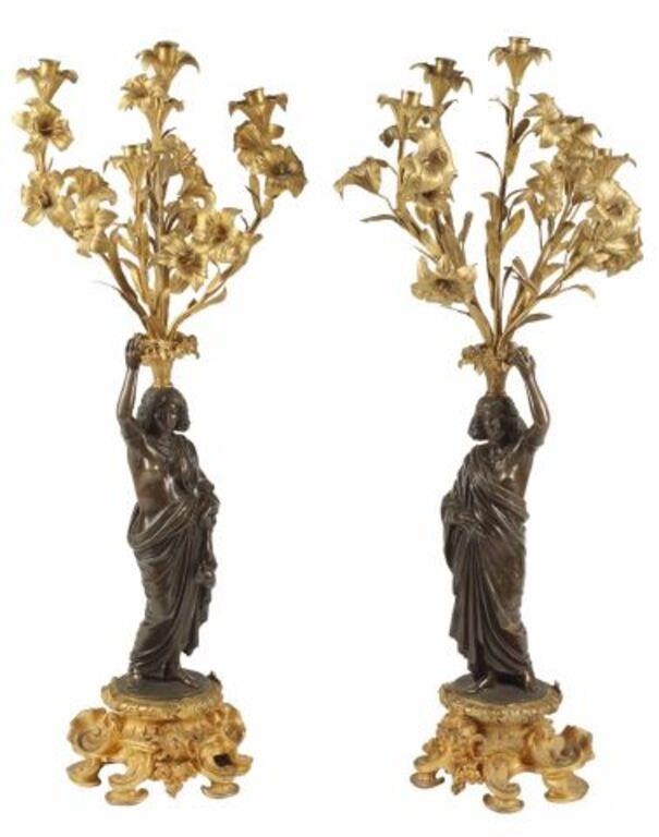 Appraisal: pair Monumental dore and patinated bronze figural five-light candelabra one