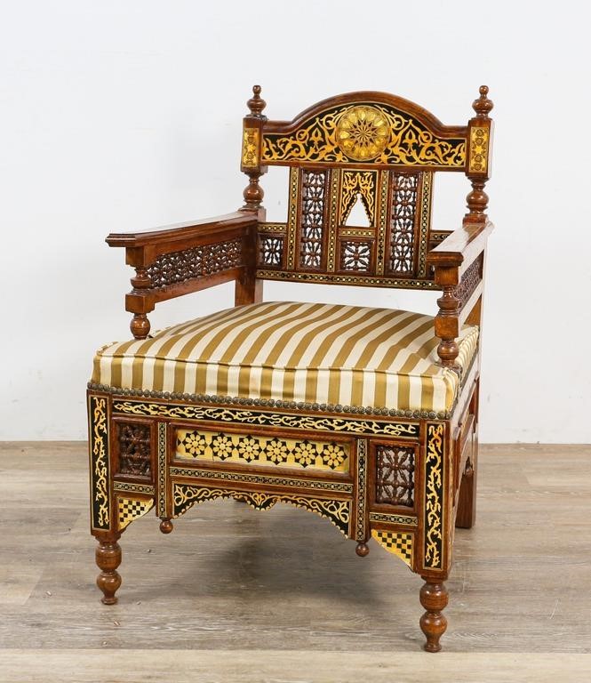 Appraisal: Moorish style inlaid chair th Century Geometric inlay and doweled