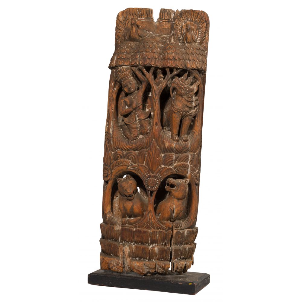 Appraisal: INDONESIAN CARVED WOOD TEMPLE PANELHaving a deity figure flanked by